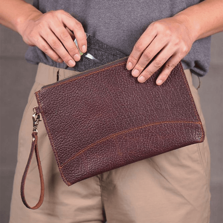 Men Genuine Leather Retro Long Clutch Bag Thin Simple 6.5 Inch Phone Bag Wallet - MRSLM