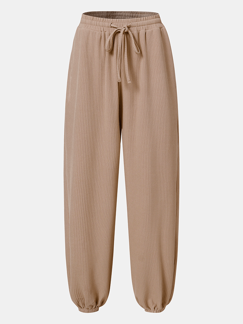 Solid Color Plain Drawstring Waist Rib-Knit Tapered Pants for Women - MRSLM