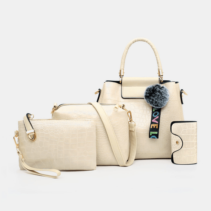 Women 4PCS Casual Handbag Solid Crocodile Pattern Fluffy Ball Shoulder Bag - MRSLM