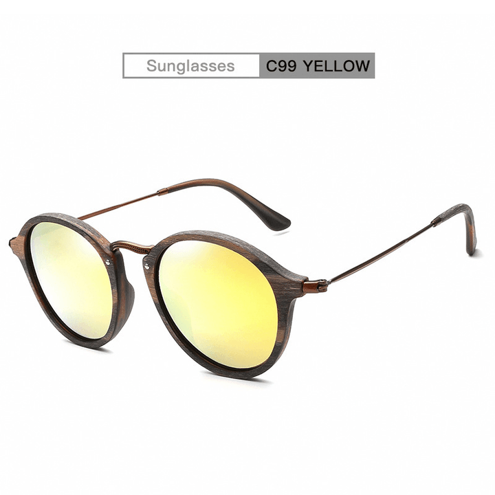 Men'S and Women'S Small Frame Plate Imitation Wood Grain round Frame Sunglasses - MRSLM