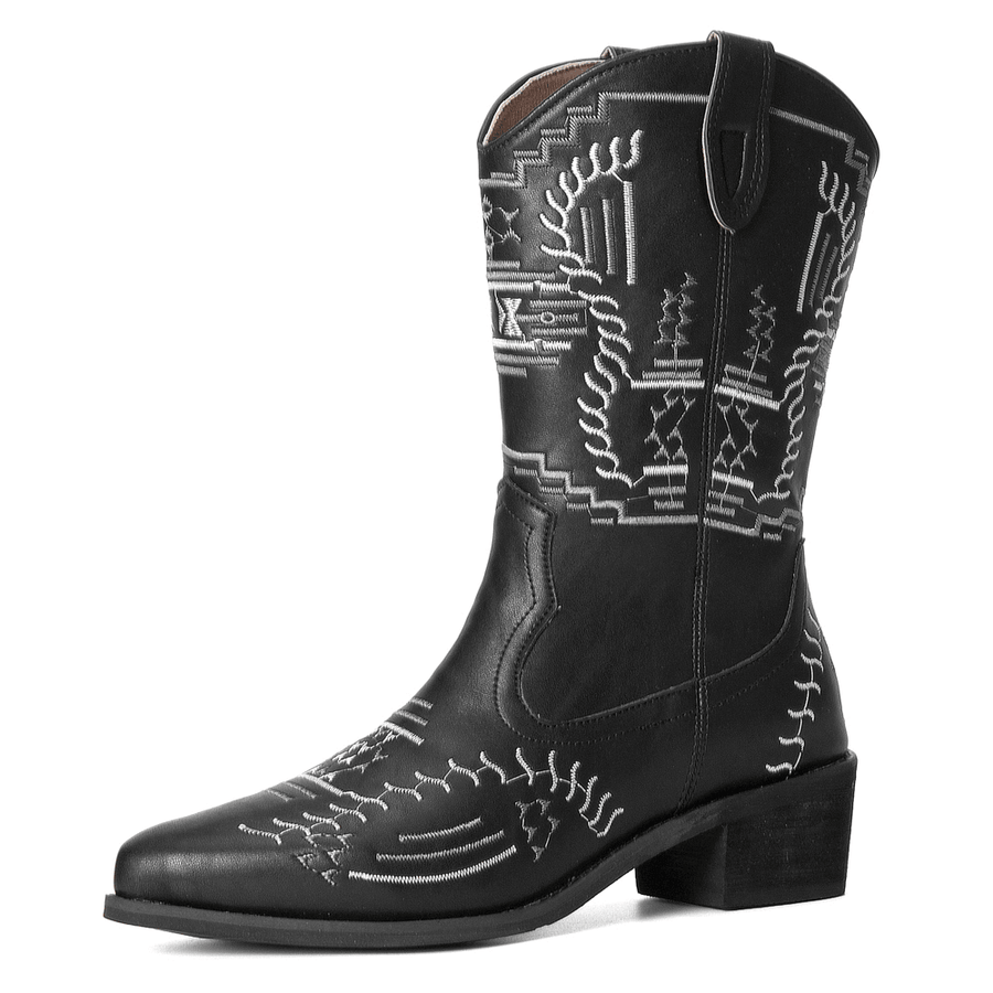 Women Casual Pointed Toe Vintage Embroidered Western Cowboy Boots Martin Boots - MRSLM