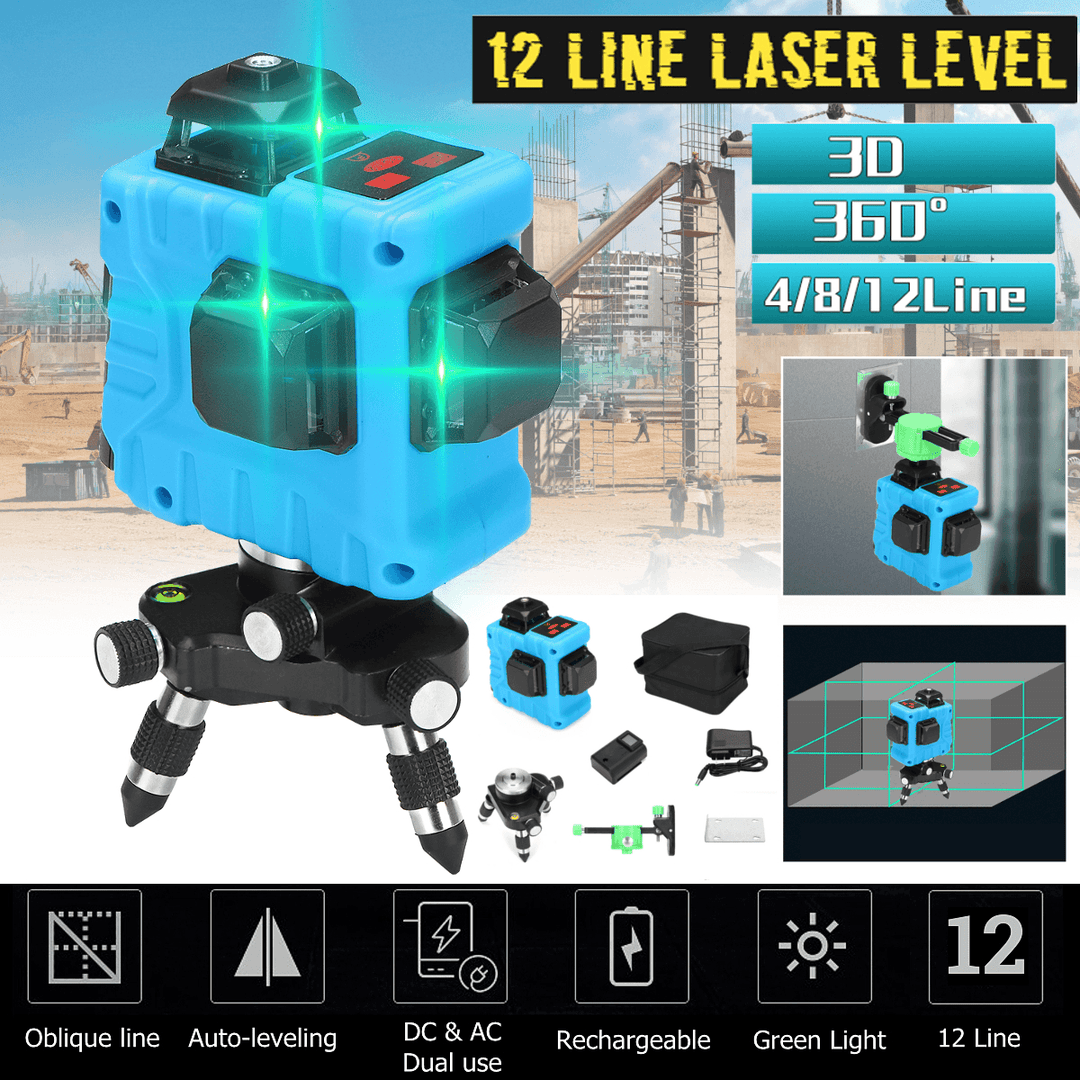 12 Line 360 Horizontal Vertical Cross 3D Green Light Laser Level Self-Leveling Measure Super Powerful Laser Beam - MRSLM