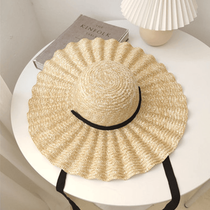 Women Wild Brim Visor Wave Side Soft Lace Tie Sun Hat Casual Stylish round Top Shell Pattern Straw Hat - MRSLM