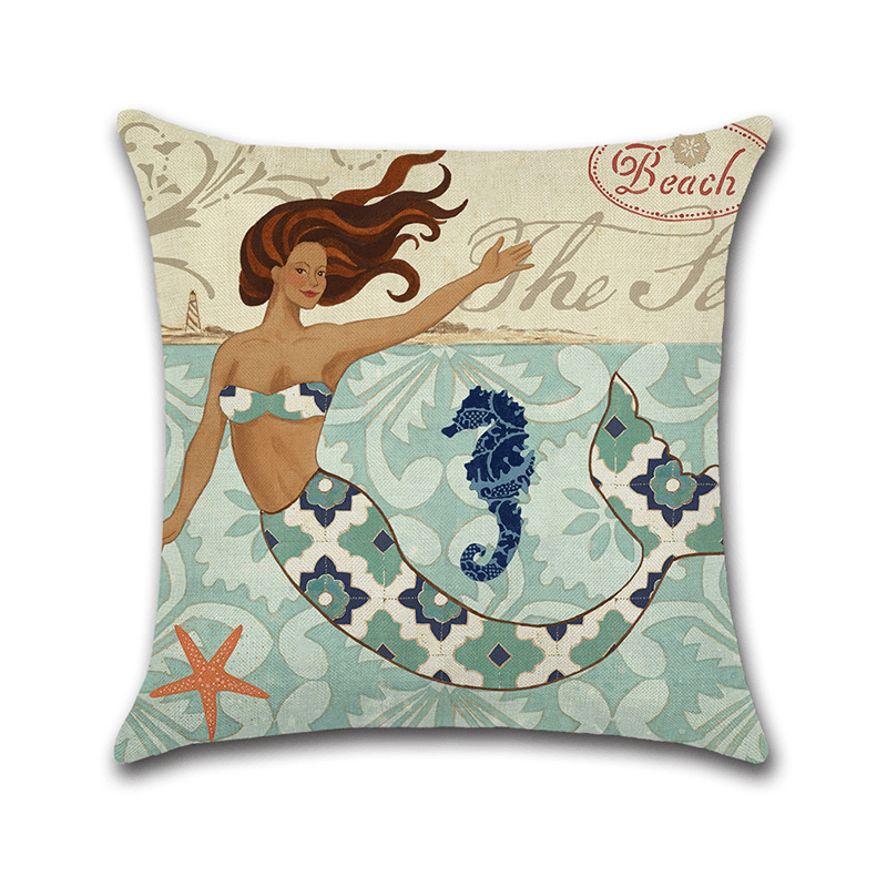 Cartoon Mermaid Printed Cotton Linen Square Cushion Cover House Sofa Car Decor Pillow Case - MRSLM