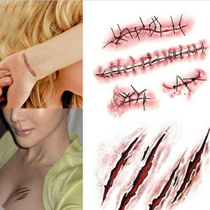 3Pcs Halloween Zombie Scars Tattoos Fake Scab Bloody Makeup Terror Wound Scary Blood Injury Sticker - MRSLM