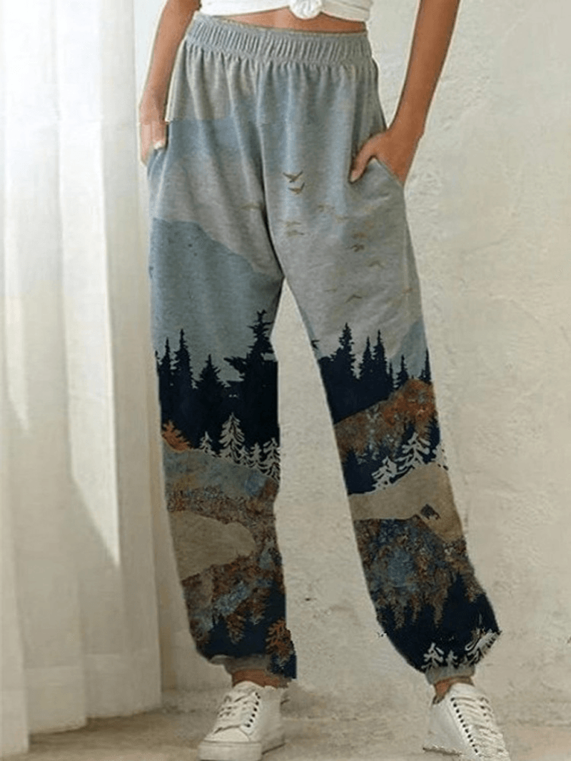 Women Casual Landscape Print Elastic Mid Waist Loose Harm Pants - MRSLM
