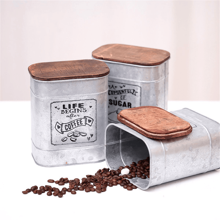 Tea Coffee Sugar Storage Jars Wooden Lid Sealed Box for Kitchen Metal Canister Tin Jar Loose Grain Cereals Candy Organizer Container - MRSLM