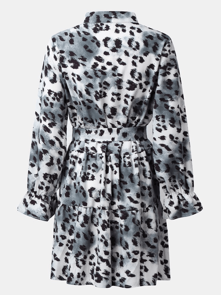 Leopard Print Stand Collar Long Sleeve Button Knotted Dress - MRSLM