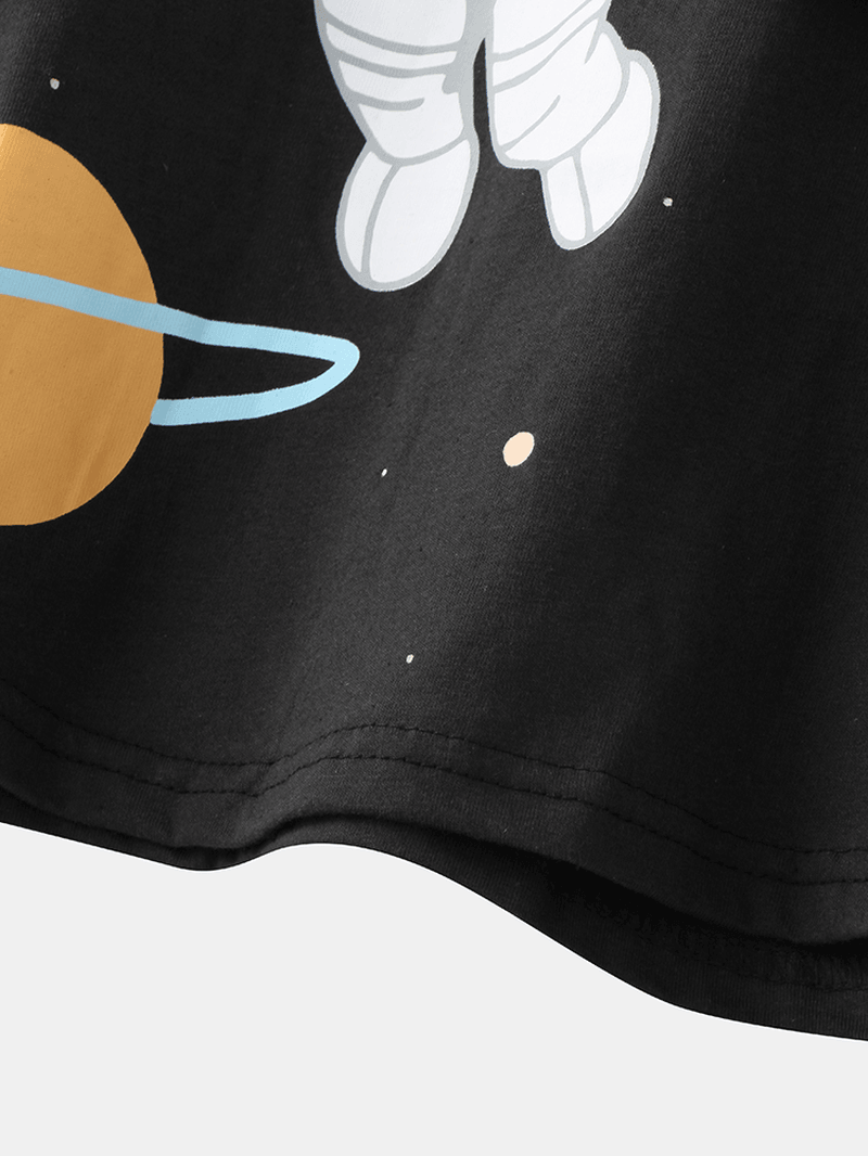 Women Girl Astronaut Print round Neck Cotton Cuffed Pajamas Sets with Plaid Pants - MRSLM