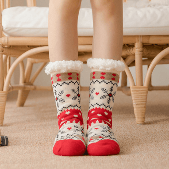 Women Warm Winter Outdoor Christmas Style Snowflake Pattern plus Velvet Thicken Home Sleep Socks Tube Socks - MRSLM