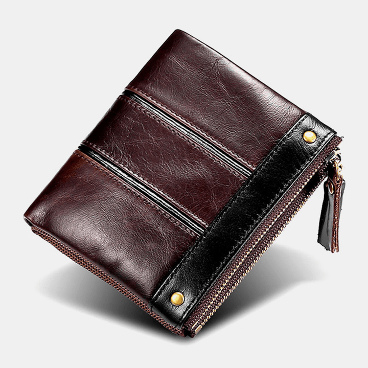 Men Genuine Leather RFID Anti-Theft Wax Retro Zipper Cowhide Card Holder Wallet - MRSLM