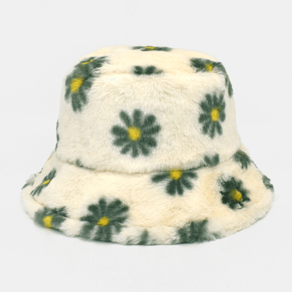 Women Lamb Hair Soft Warm plus Thicken Casual All-Match Cute Daisy Flower Pattern Bucket Hat - MRSLM