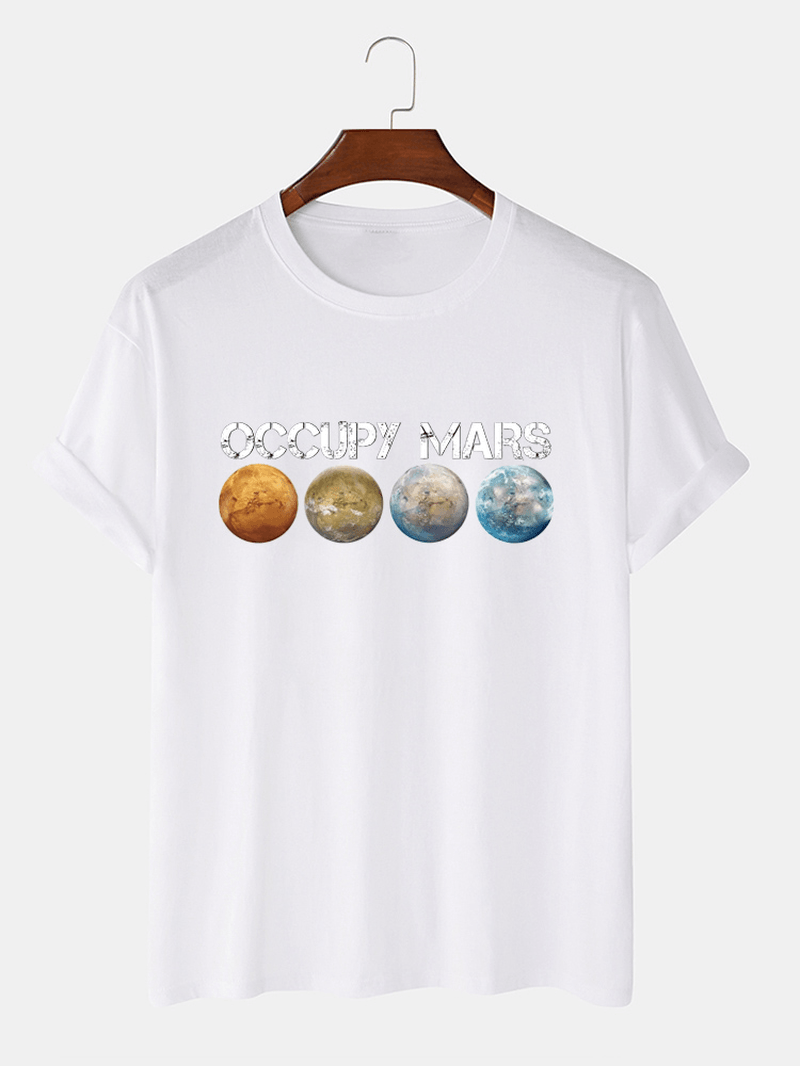 Mens 100% Cotton Planet Printed round Neck Casual Short Sleeve T-Shirts - MRSLM