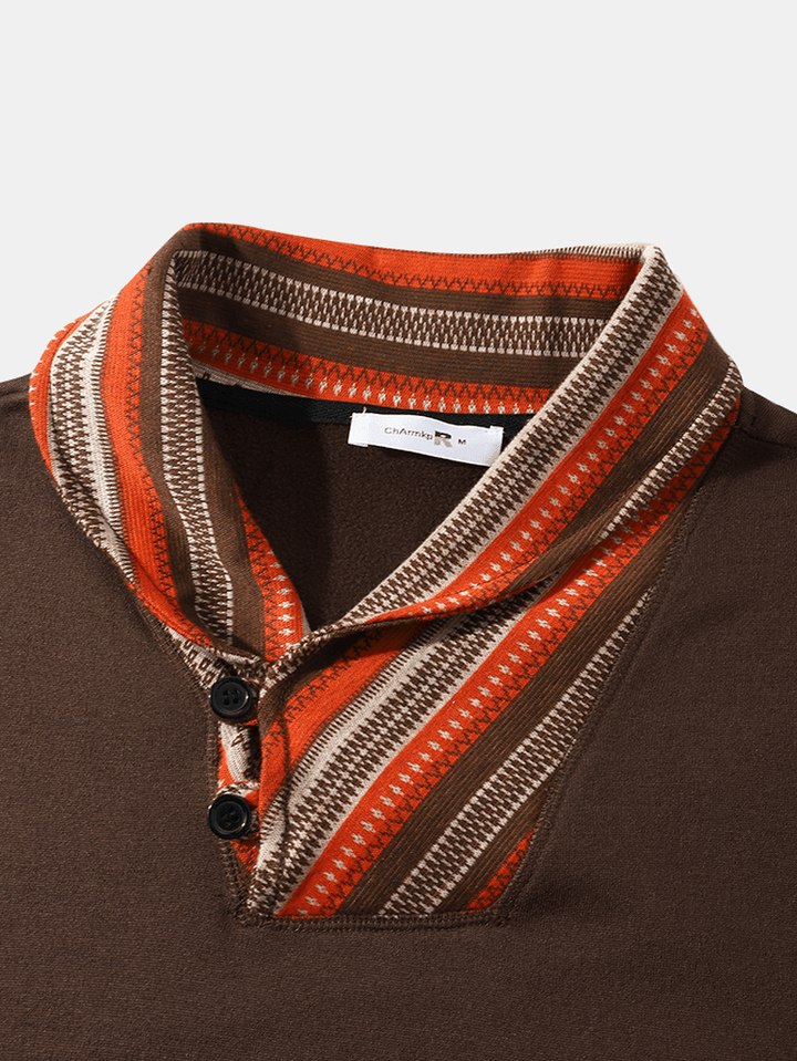 Men Splicing Ethnic Style Button Collar Kangaroo Pocket Pullover Sweatshirt - MRSLM