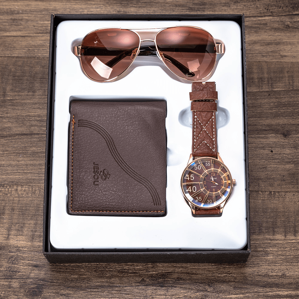 3PCS Men'S Fashion Gift Set Business Style Quartz Watch+Wallet +Sunglasses Set - MRSLM