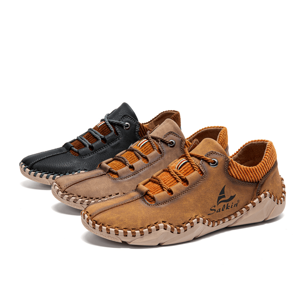 Men Microfiber Leather Splicing Breathable Hand Stitching Soft Crocodile Grain Sole Casual Shoes - MRSLM