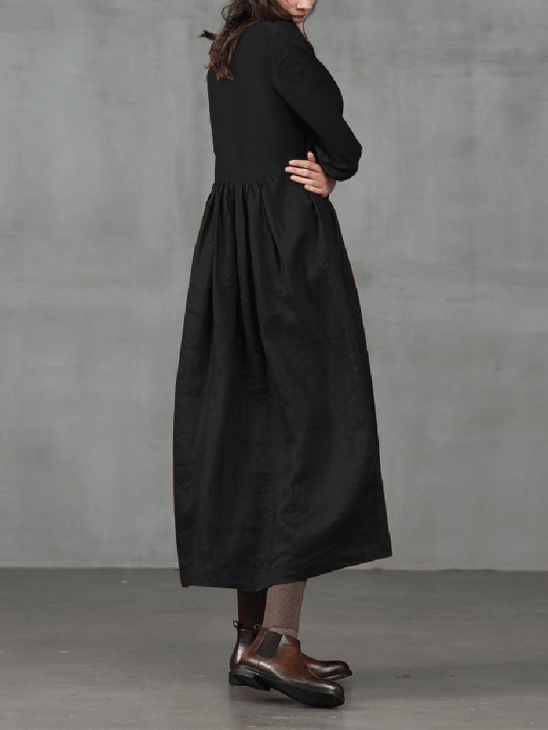 Vintage Puff Sleeve O-Neck Solid Color Side Pocket Pleated Maxi Dress for Women - MRSLM