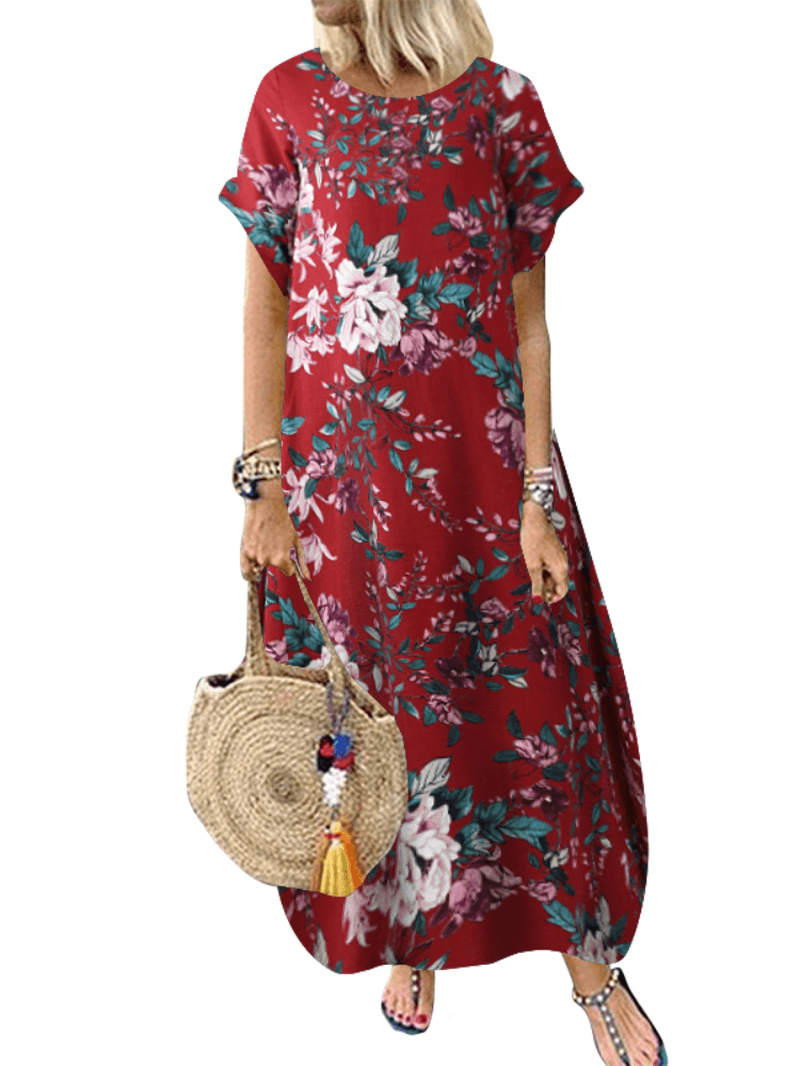 Women 100% Cotton O-Neck Floral Print Leisure Dress with Side Pockets - MRSLM