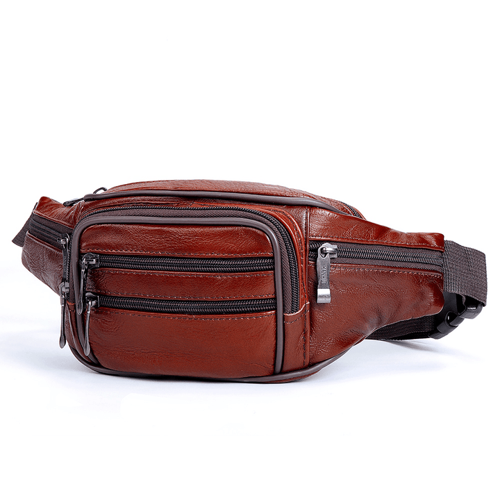Men Genuine Leather Multi-Function Large Capacity Waist Bag Chest Bag Crossbody Bag - MRSLM