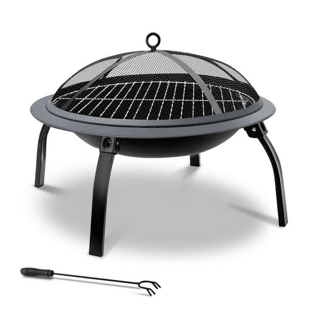 22Inch Folding Steel Fire Pit BBQ Grill round Fire Bowl Lightweight with Log Grate Mesh Cover BBQ Stove for Camping Picnic Bonfire Patio Garden - MRSLM