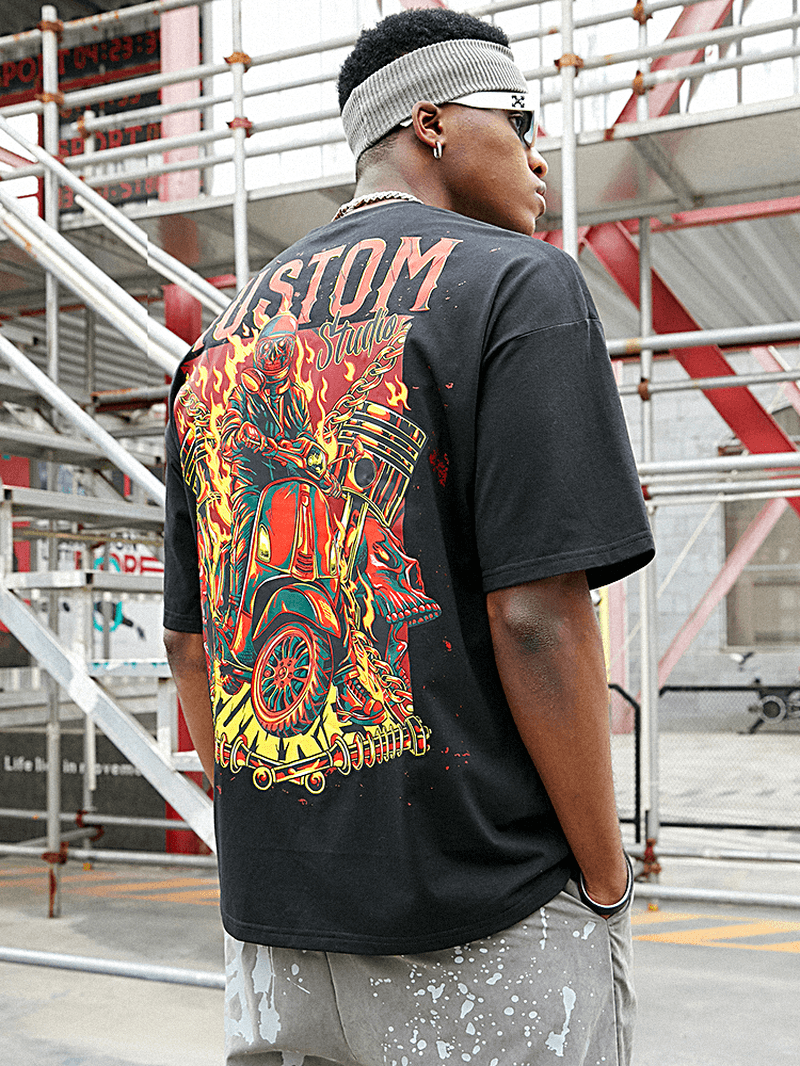 Mens 100% Cotton Ghost Rider Print round Neck Short Sleeve T-Shirt - MRSLM