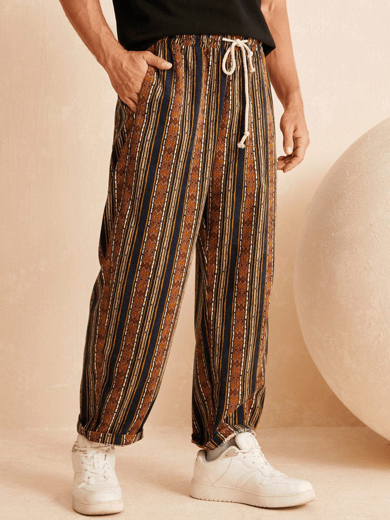 Men Ethnic Style Striped Loose Drawstring Waist Casual Pants - MRSLM
