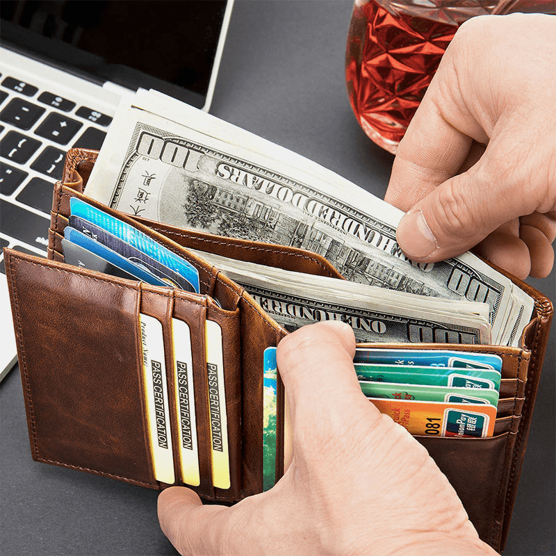 Men Oil Wax Leather Short Bifold RFID Anti-Magnetic Wallets 16 Card Slot Thicken Driver License Card Holder Coin Purse - MRSLM