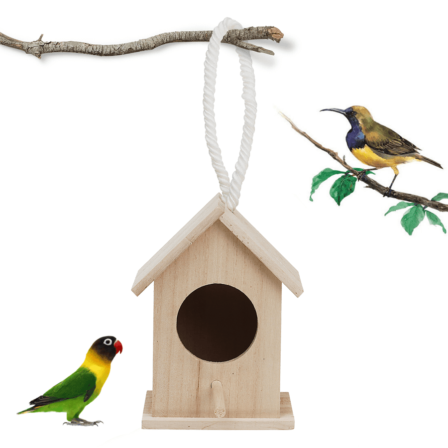 Wooden Bird House Feeder Wild Birds Nest Home Garden Nesting with Hanging Bird Net - MRSLM