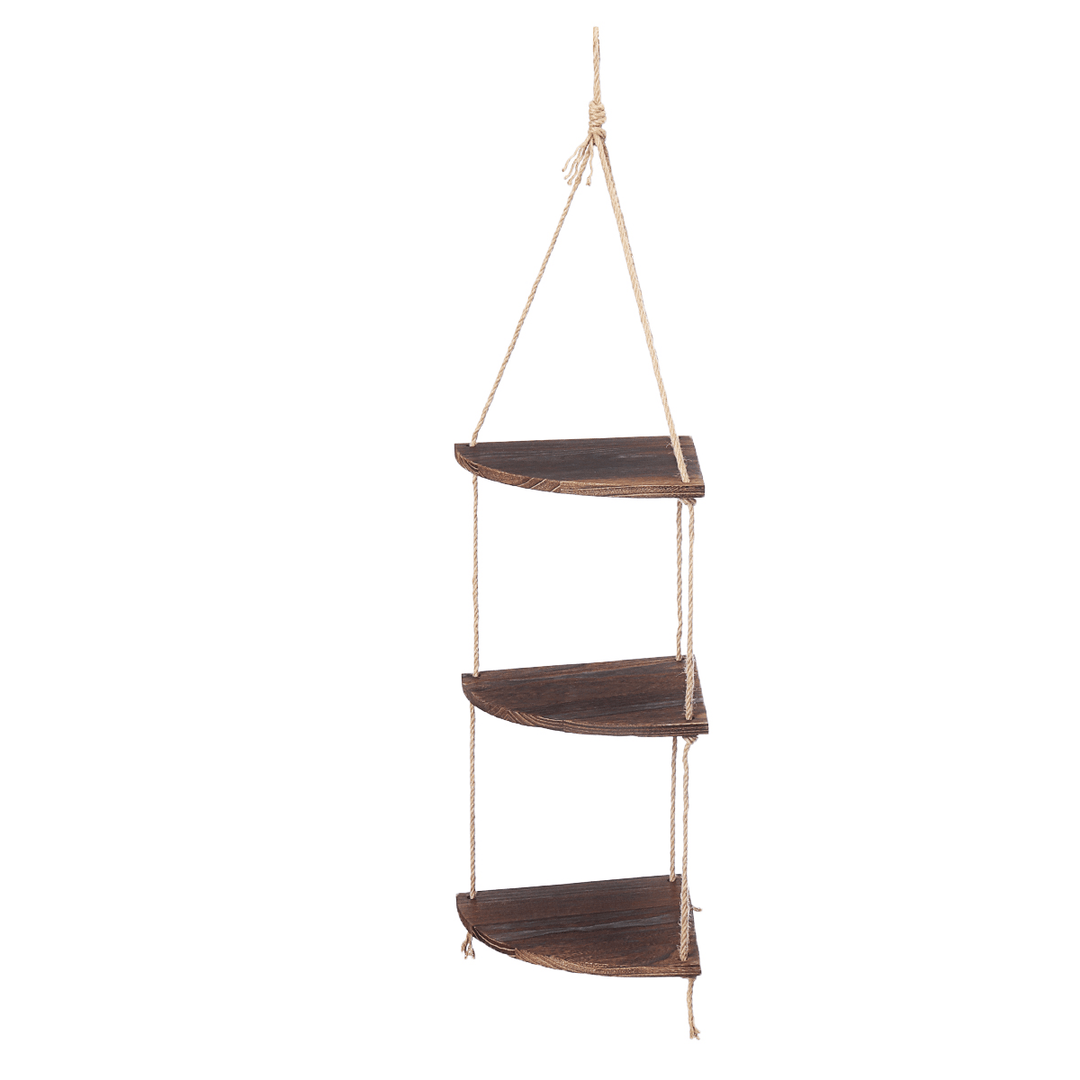 3 Layers Handmade Rustic Wooden Hanging Rope Shelf Solid Floating Shelves Plant Rack Home Decor - MRSLM