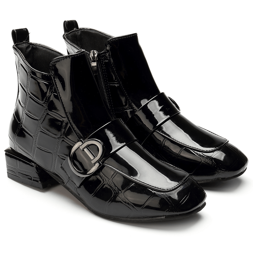 Women Chic Embossed Patent Buckle Zipper Ankle Boots - MRSLM