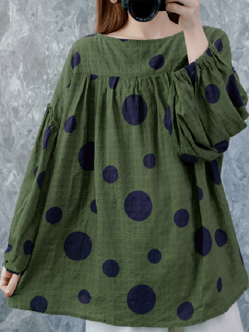 Women Vintage Polka Dot Print Puff Sleeve Loose Pleated Blouse - MRSLM