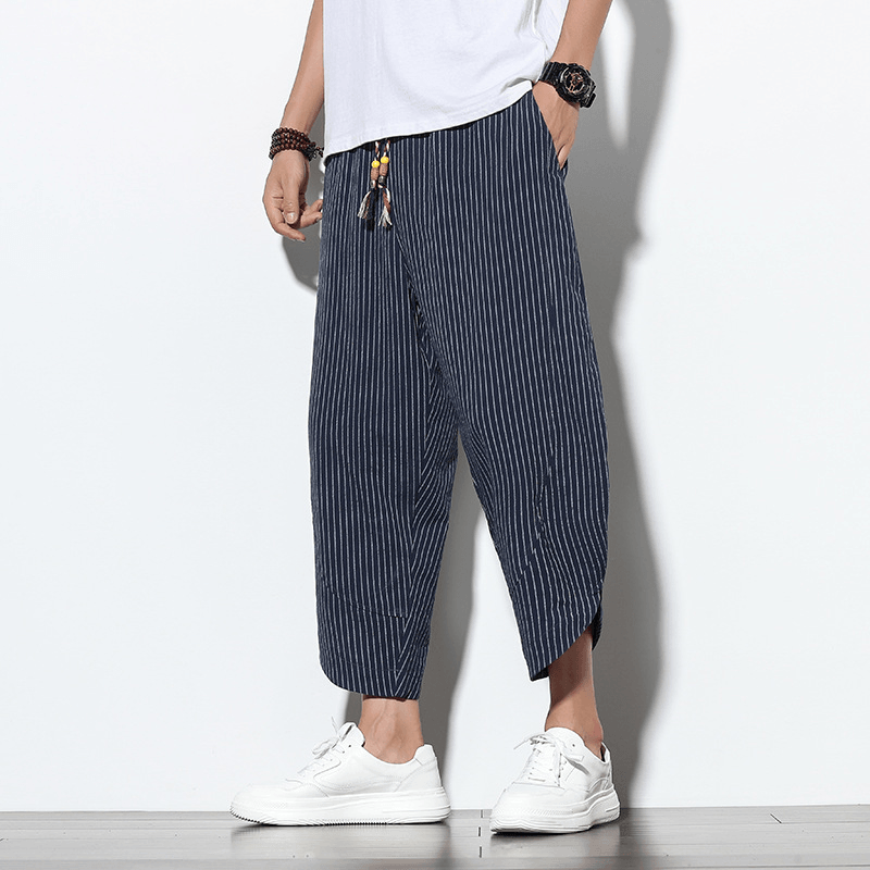 Chinese Style Cotton and Linen Pants Striped plus Size Loose Harem Bloomers Men - MRSLM