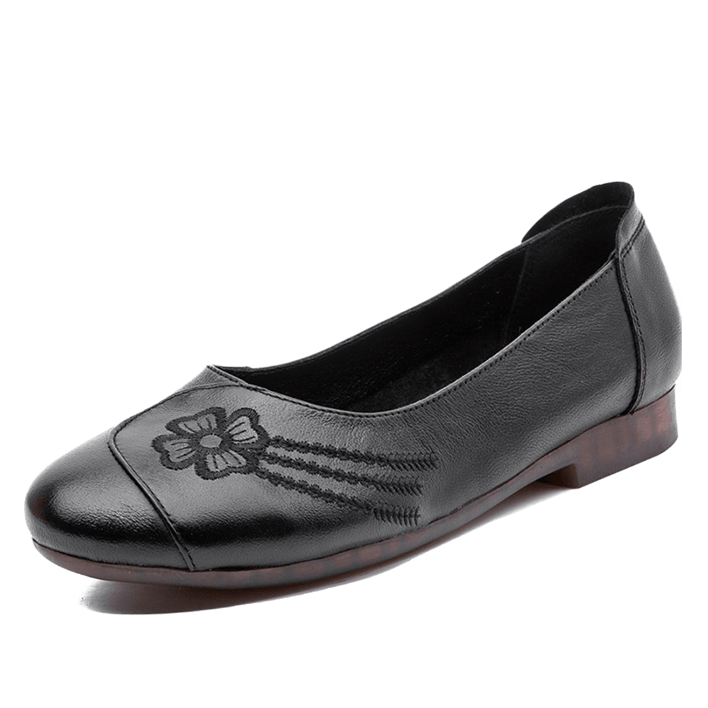 Women Brief Floral Pattern Cowhide Leather round Toe Soft Sole Comfy Slip on Flats - MRSLM