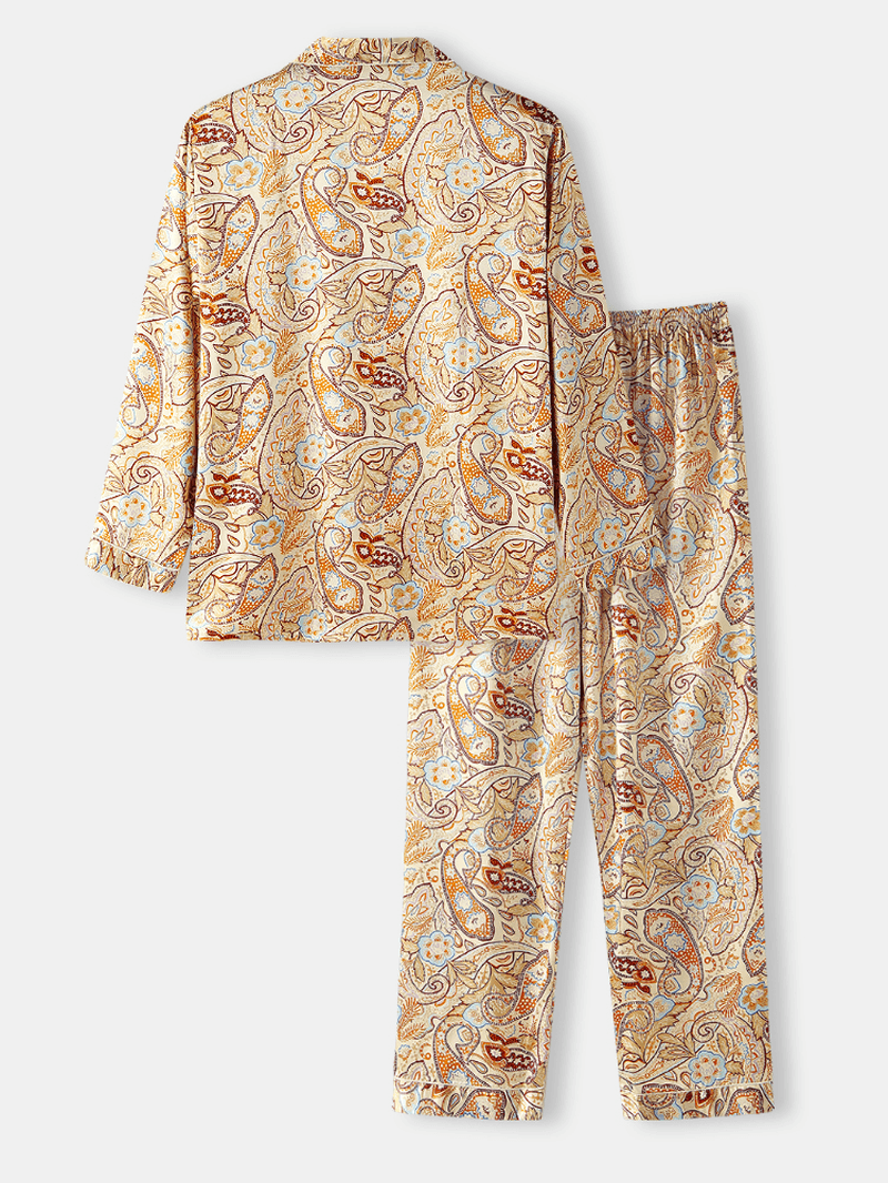 Mens Paisley Print Ethnic Style Flap Pocket Long Sleeve Home Casual Pajama Set - MRSLM