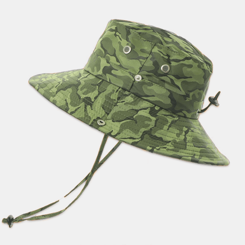 Men Camouflage Big Brim Windproof Rope Outdoor Fishing Climbing Anti-Uv Sunshade Bucket Hat - MRSLM