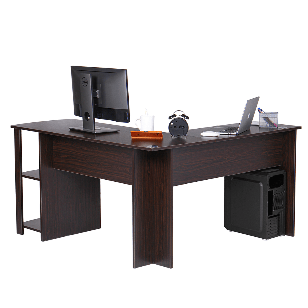 L Shape Computer Laptop Desk Conner Table 2 Tiers Shelf Bookshelf 53"L 28"H Wood for Home Office Study Working - MRSLM