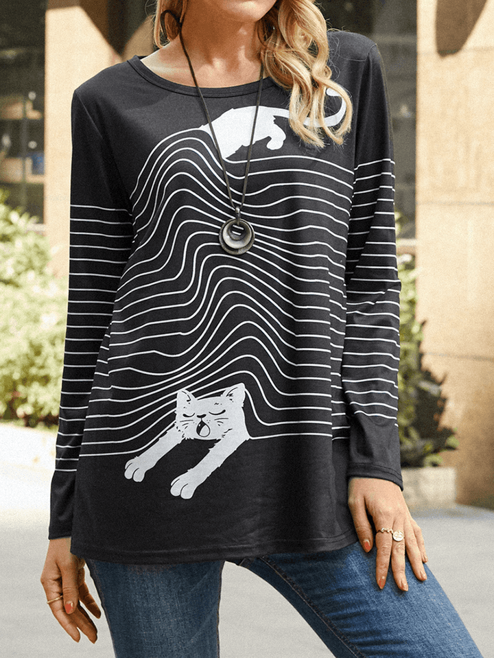 Women Striped Cartoon Cat round Neck Casual Relaxed Fit Long Sleeve T-Shirt - MRSLM
