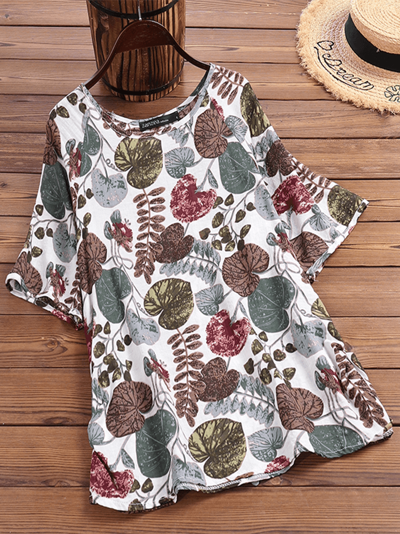 Women Plant Leaf Print round Neck Casual Relaxed Half Sleeve Blouses - MRSLM