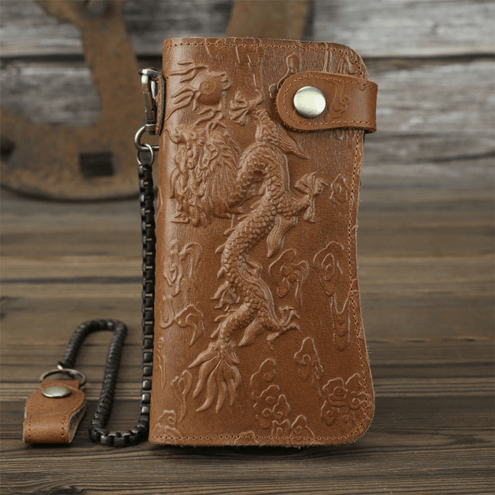 Men Genuine Leather 3D Dragon Tiger Pattern RFID Anti-Theft Retro Multi-Slot Card Holder Wallet with Key Ring - MRSLM