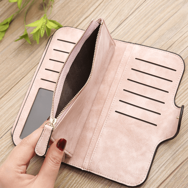 Women Trifold Dull Polish Faux Leather Long Wallet Card Holder Purse Clutches Bags - MRSLM