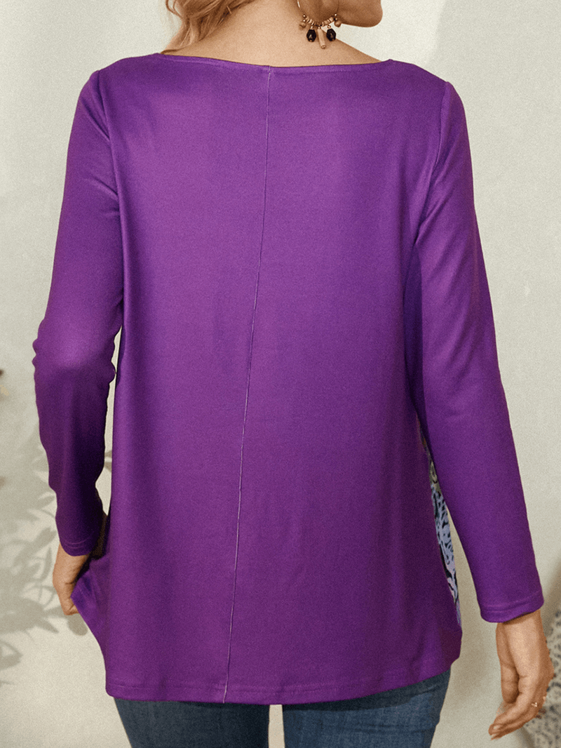 Women Abstract Print Asymmetrical Collar Long Sleeve Ethnic Style Blouse - MRSLM