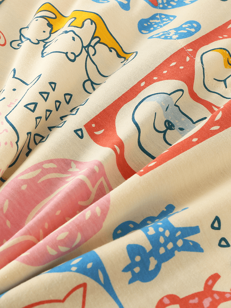 Women Cartoon Dog Print Camp Collar Long Sleeve Elastic Waist Cotton Pajama Set - MRSLM
