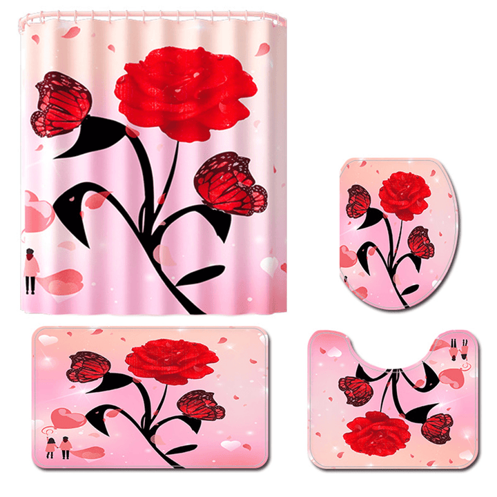 Rose Flower Waterproof Shower Curtain Non-Slip Rug Toilet Cover Bath Mat Decor - MRSLM