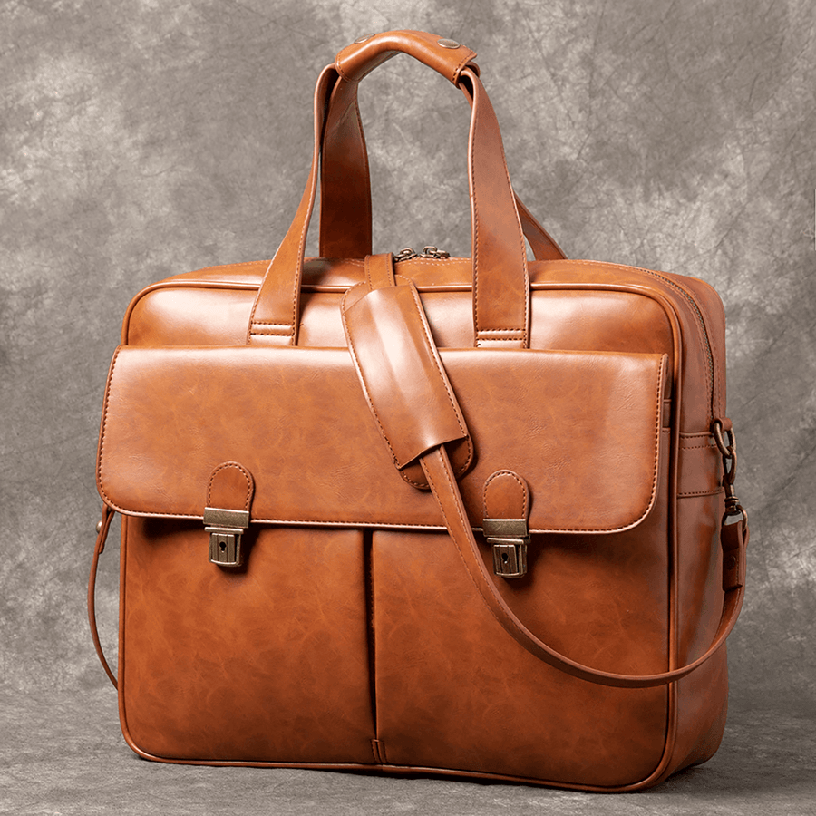 Men PU Leather Multi-Pocket 14 Inch Laptop Bag Messenger Bag Travel Crossbody Bag Handbag - MRSLM
