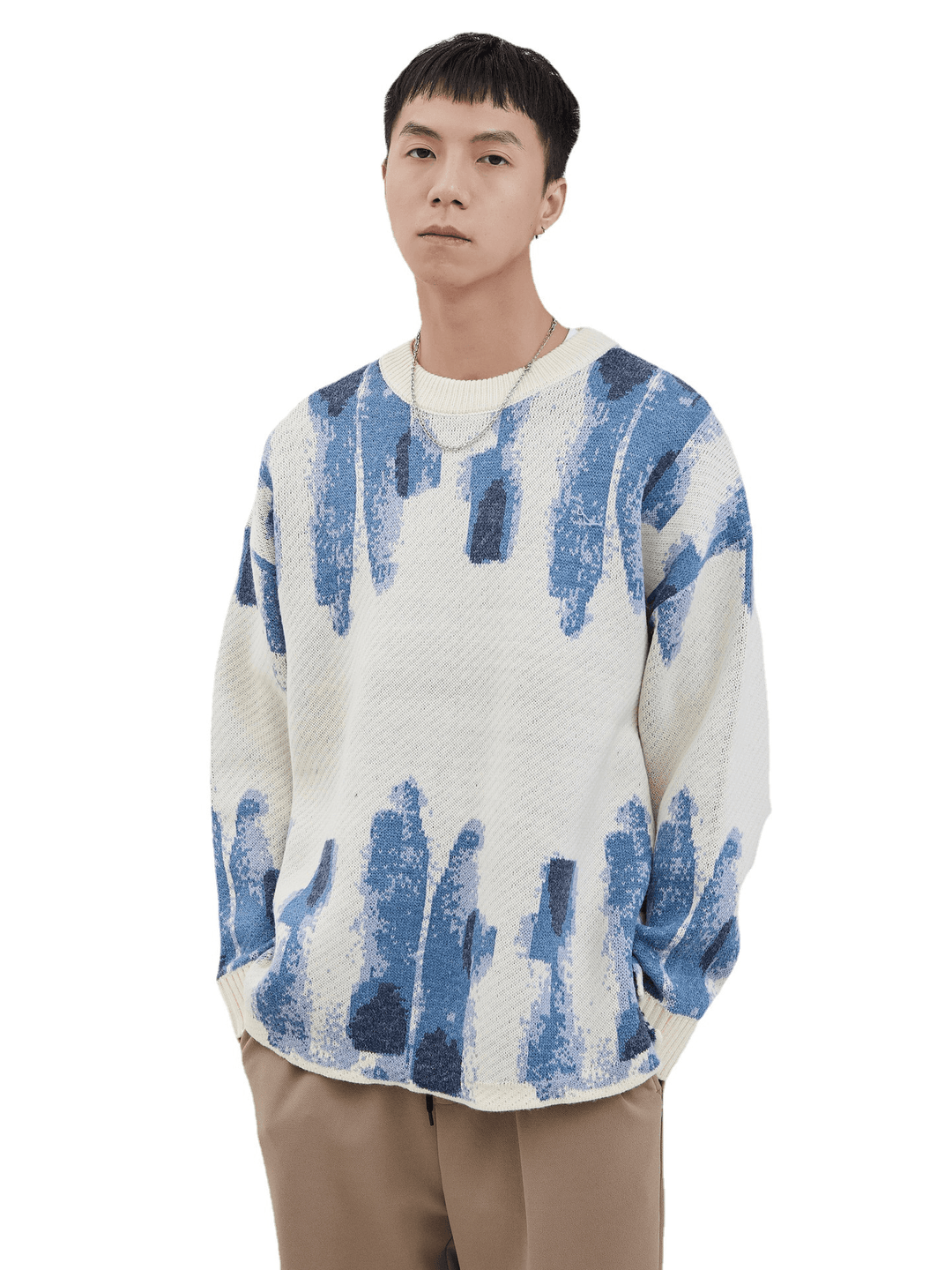 Blue Graffiti Watercolor Jacquard Casual Knit Loose Sweater - MRSLM