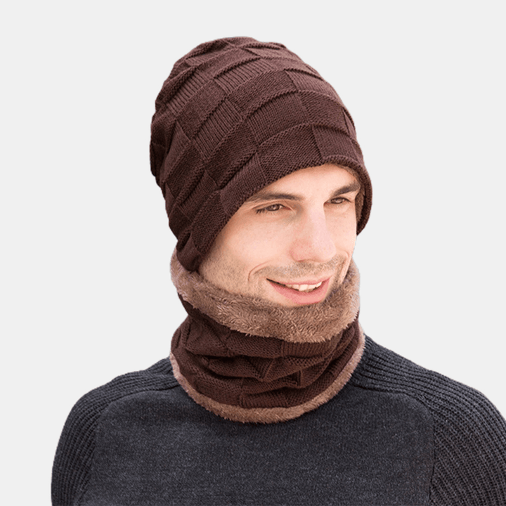 Men 3PCS plus Velvet Keep Warm Winter Neck Protection Headgear Scarf Full-Finger Gloves Knitted Hat Beanie - MRSLM