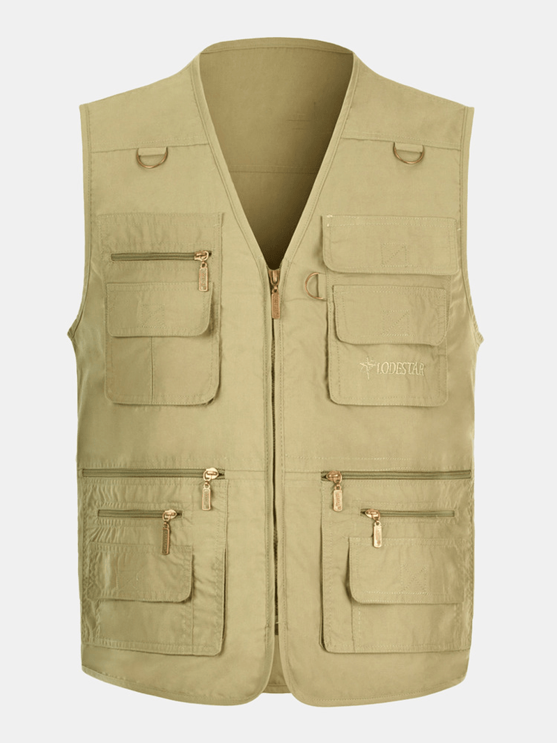Men 100%Cotton Pure Solid Leisure Multi Pockets Outdoor Fishing Waistcoat Vests - MRSLM