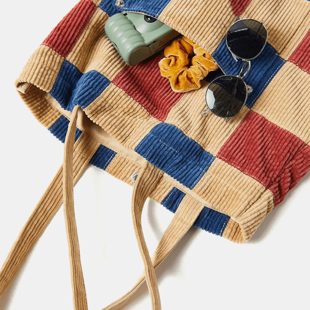 Women Color Matching Large Capacity Tote Corduroy Plaid Front Pocket Vintage Shoulder Bag Handbag - MRSLM