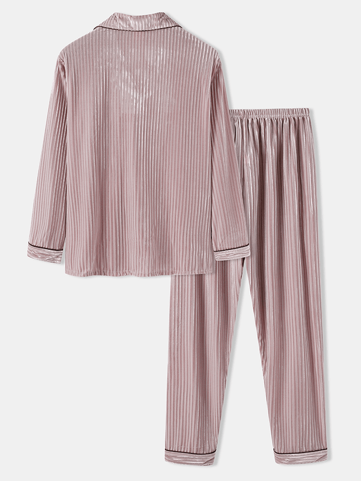 Mens Coral Fleece Lapel Button up Long Sleeve Loose Pants Two-Piece Home Warm Pajamas Set - MRSLM