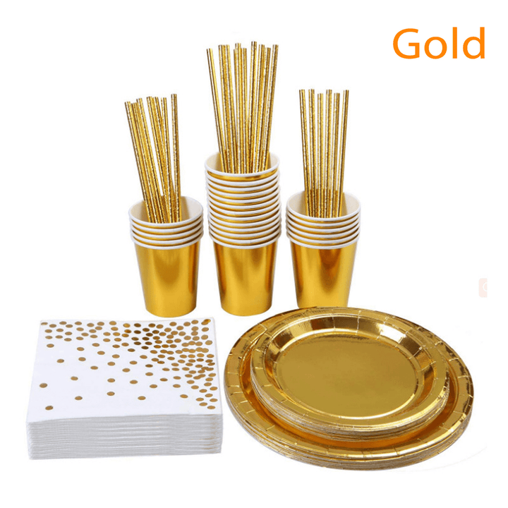 125Pcs Party Disposable Tableware Set Festival Paper Cups Camping Fork Spoon Rose Gold Plates Straws Table - MRSLM